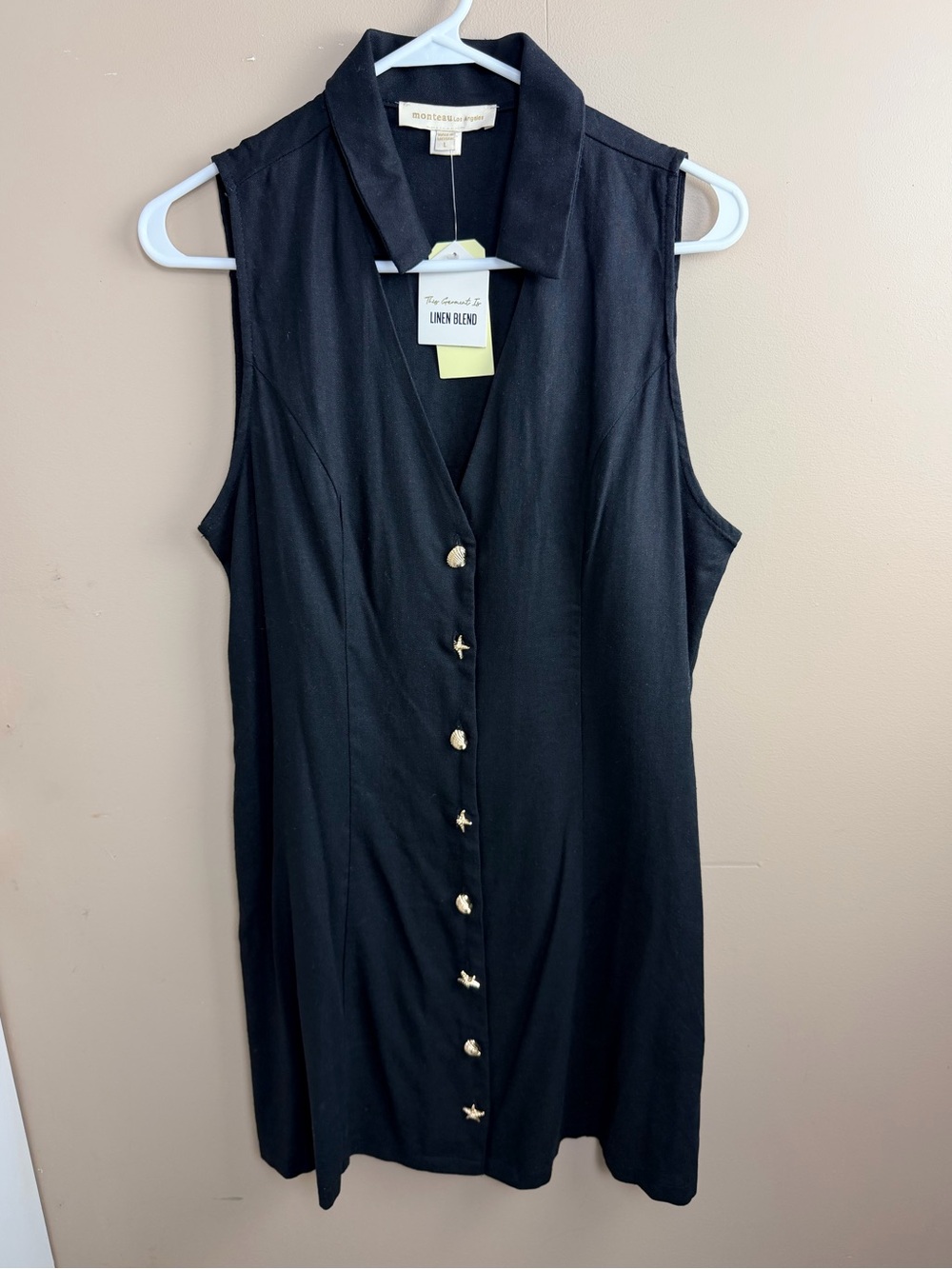 Monteau Los Angeles Black Linen Blend Nautical Button Midi Sleeveless Dress NWT